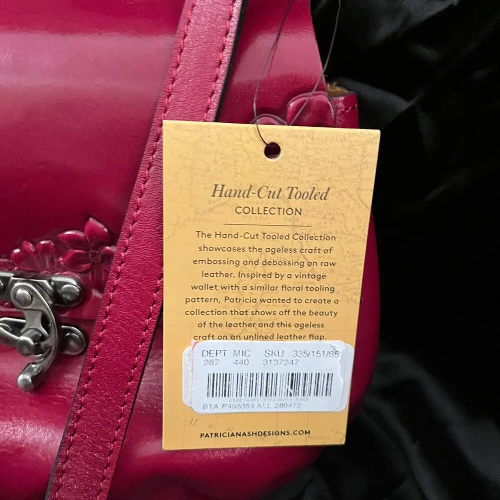 NWOT Patricia Nash Leather Red Rose Tooled Crossbody Saddle Bag - Picture 2 of 5